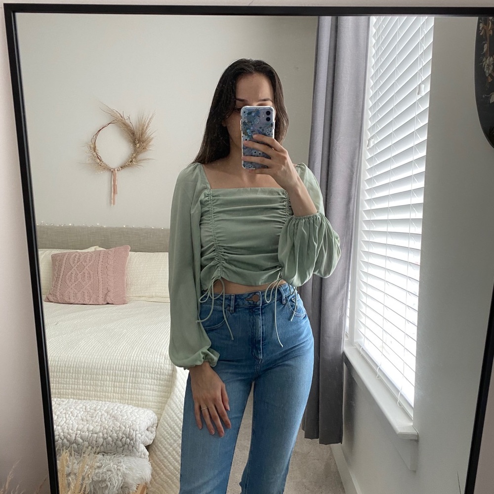 Sage green ruched satin top